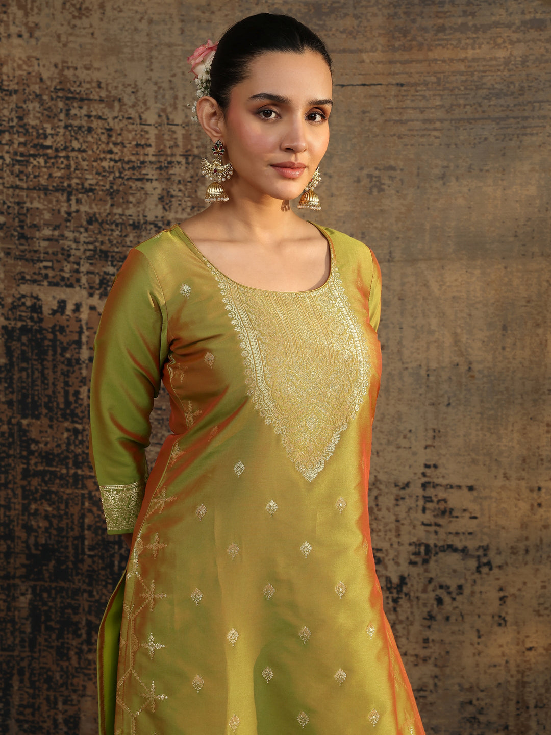  Olive Woven Design Silk Blend Straight Suit Set With Dupatta 
