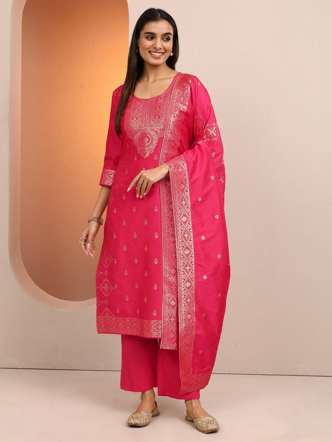  Coral Woven Design Silk Blend Straight Suit Set With Dupatta 