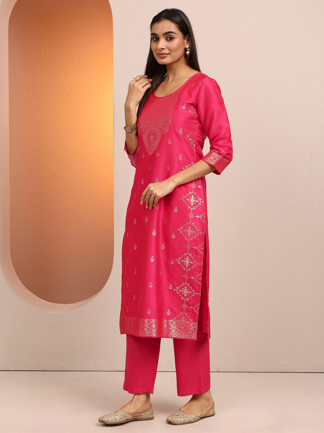  Coral Woven Design Silk Blend Straight Suit Set With Dupatta 
