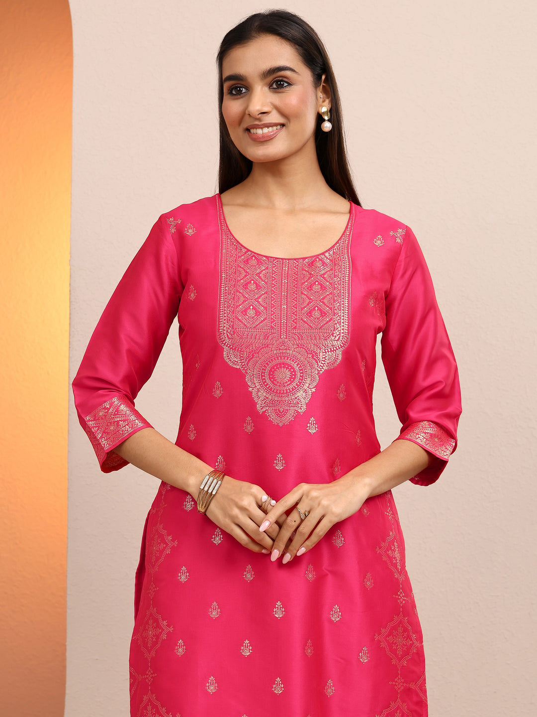  Coral Woven Design Silk Blend Straight Suit Set With Dupatta 