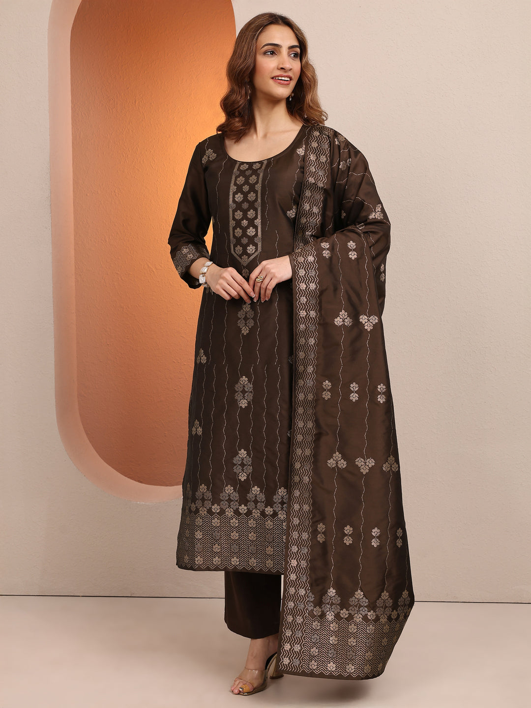  Brown Woven Design Silk Blend Straight Suit Set With Dupatta 