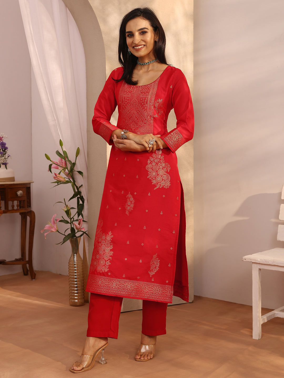  Red Woven Design Silk blend Straight Suit Set With Dupatta 