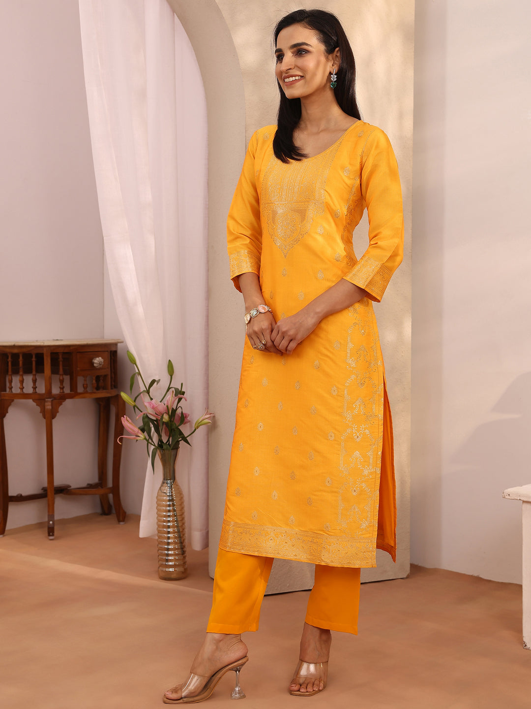  Mustard Woven Design Silk blend Straight Suit Set With Dupatta 