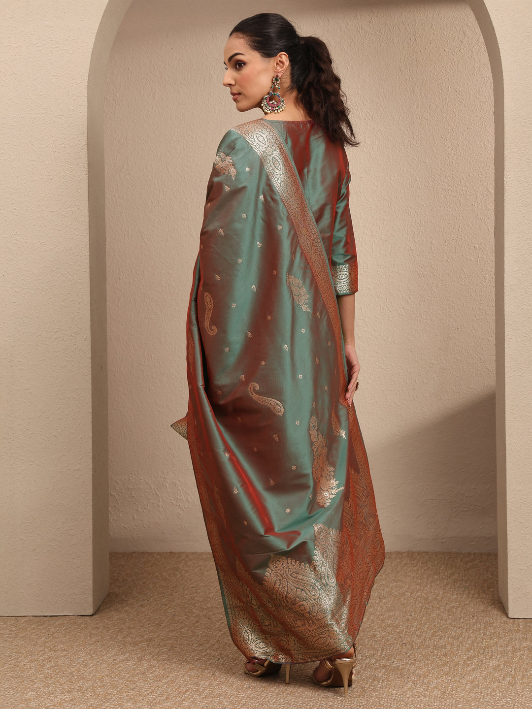  Green Woven Design Silk Blend Straight Suit Set With Dupatta 