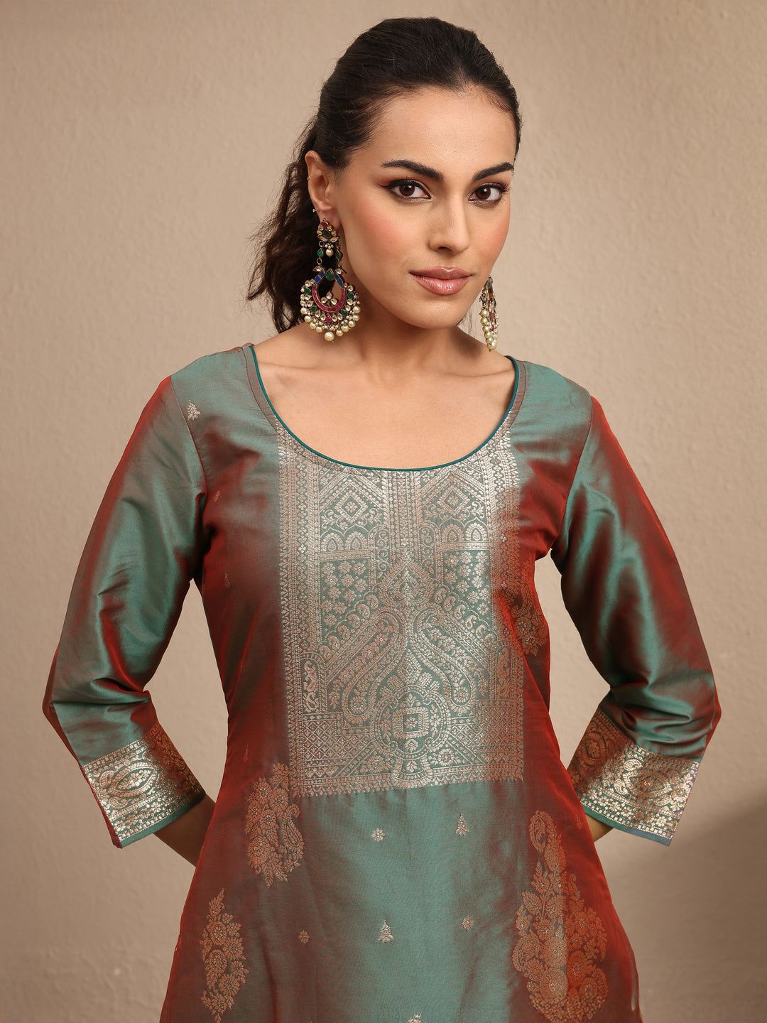  Green Woven Design Silk Blend Straight Suit Set With Dupatta 