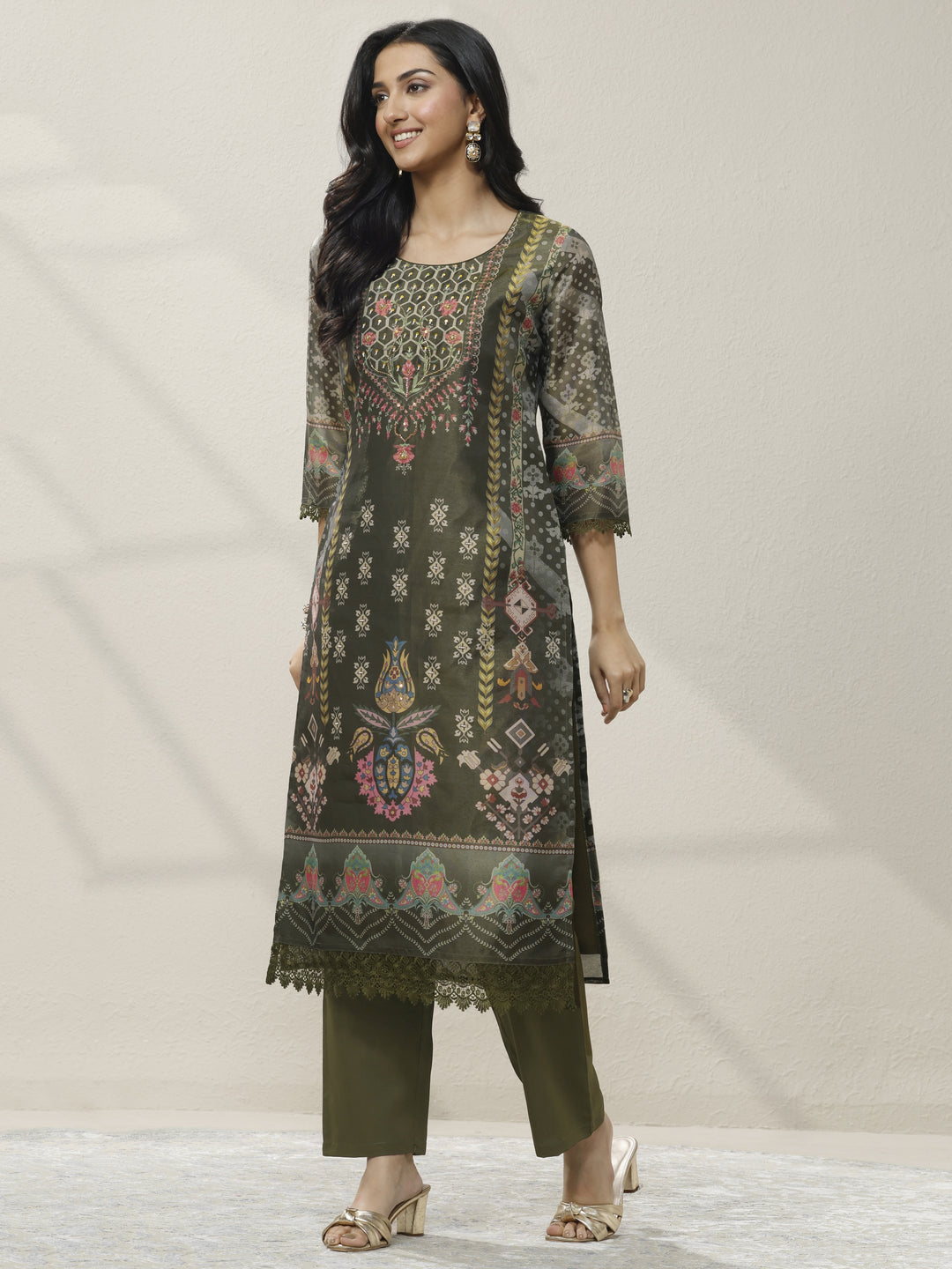  Olive Printed Silk Blend Straight Suit Set With Dupatta 