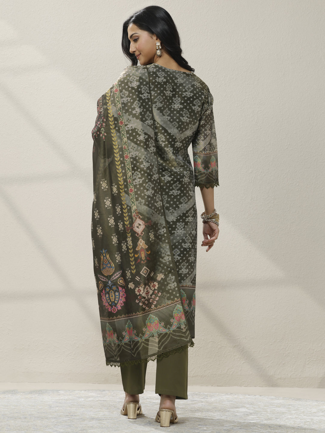  Olive Printed Silk Blend Straight Suit Set With Dupatta 