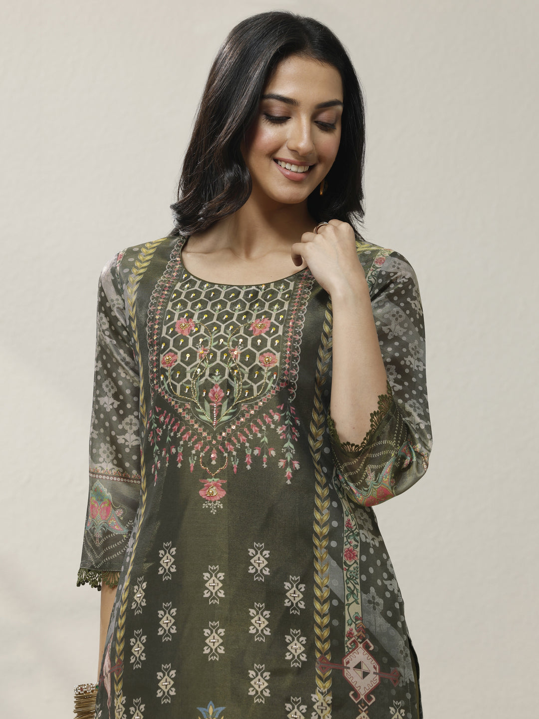  Olive Printed Silk Blend Straight Suit Set With Dupatta 