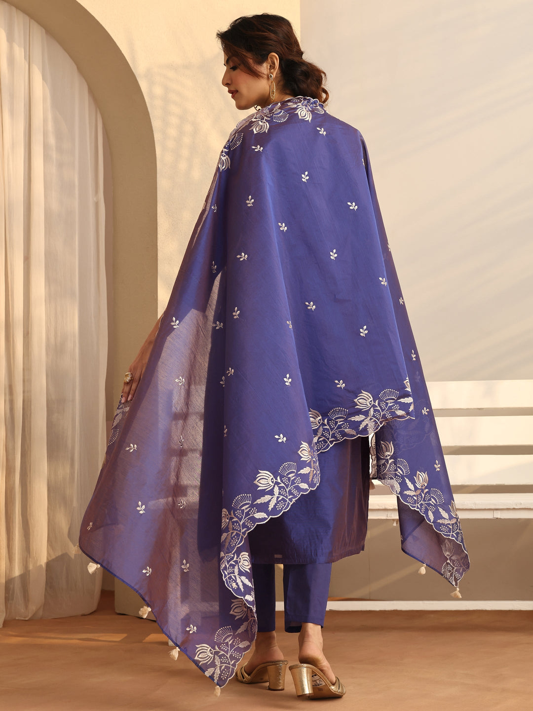  Purple Embroidered Silk Blend Straight Suit Set With Dupatta 