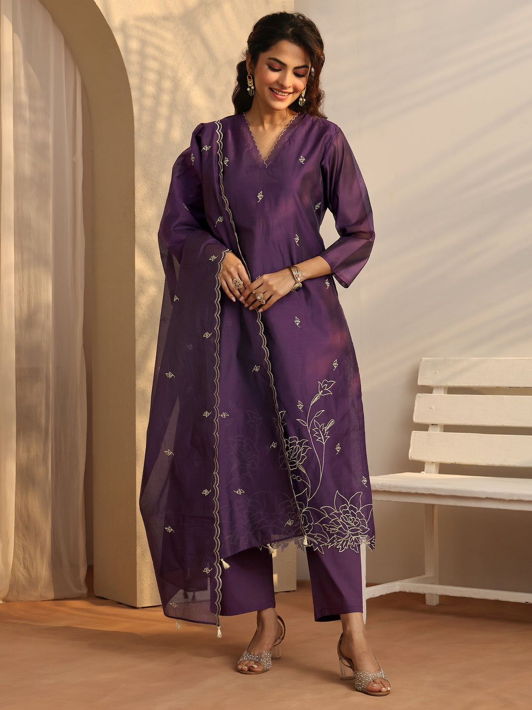  Purple Embroidered Silk Blend Straight Suit Set With Dupatta 