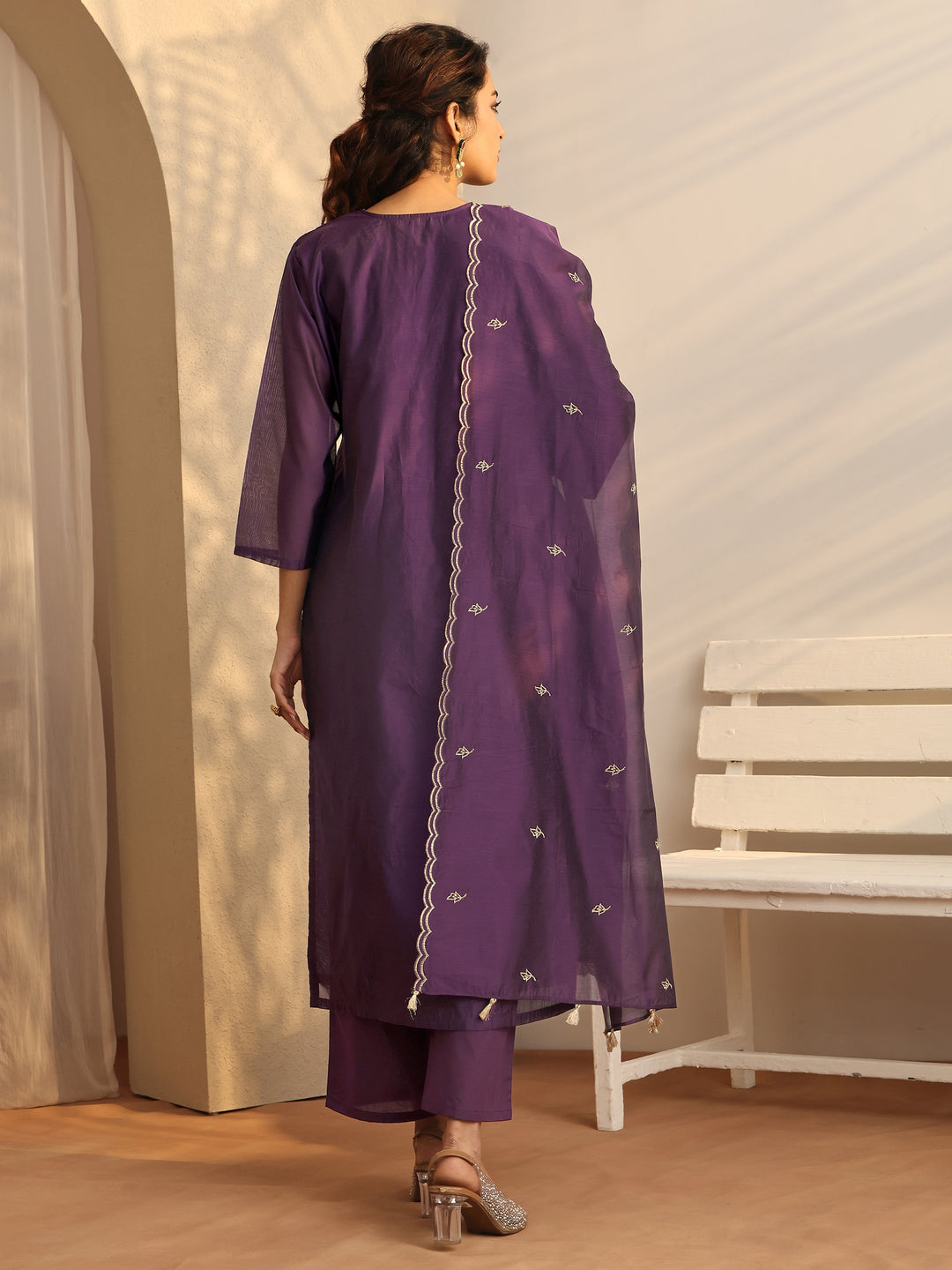  Purple Embroidered Silk Blend Straight Suit Set With Dupatta 