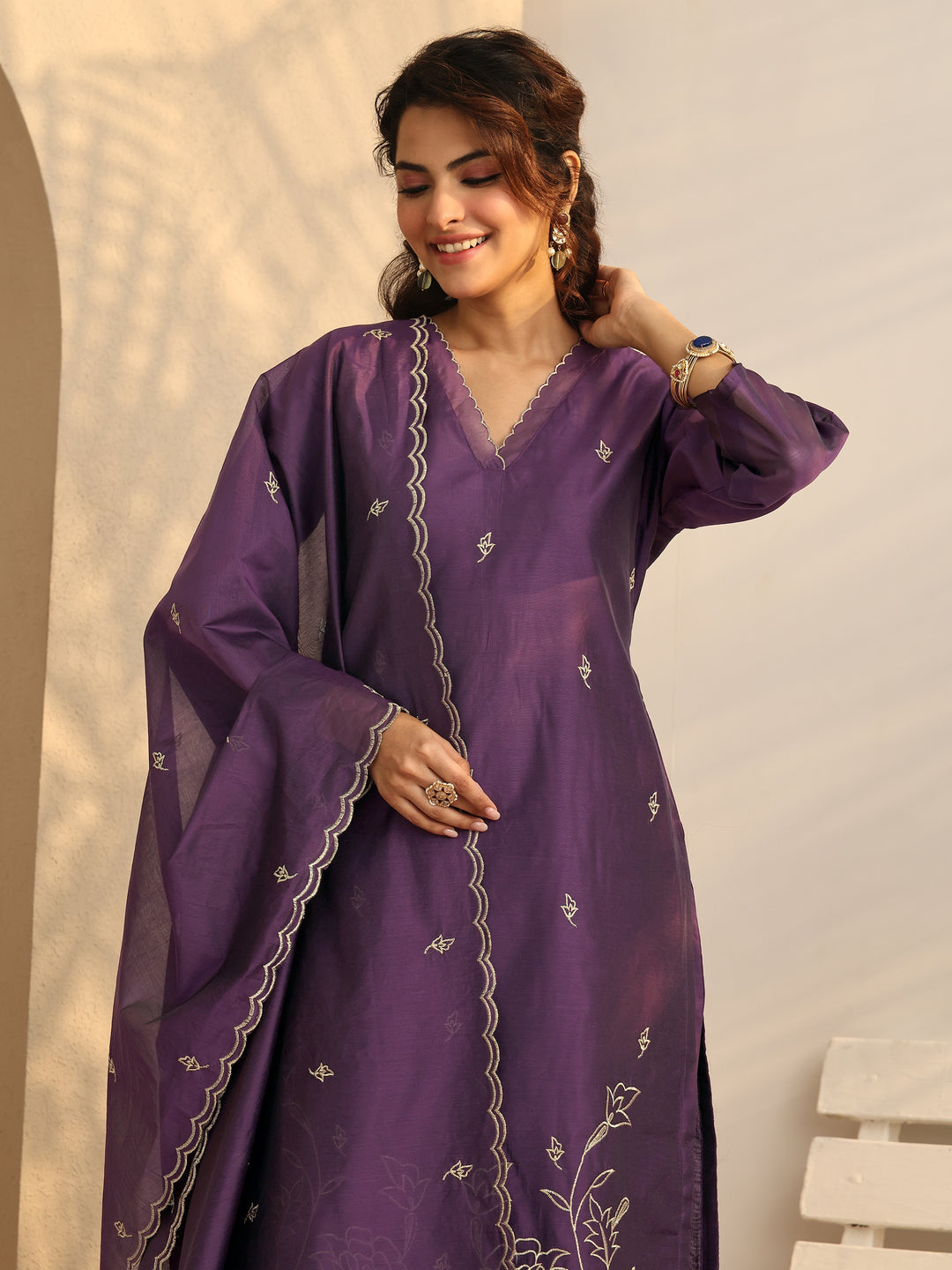  Purple Embroidered Silk Blend Straight Suit Set With Dupatta 
