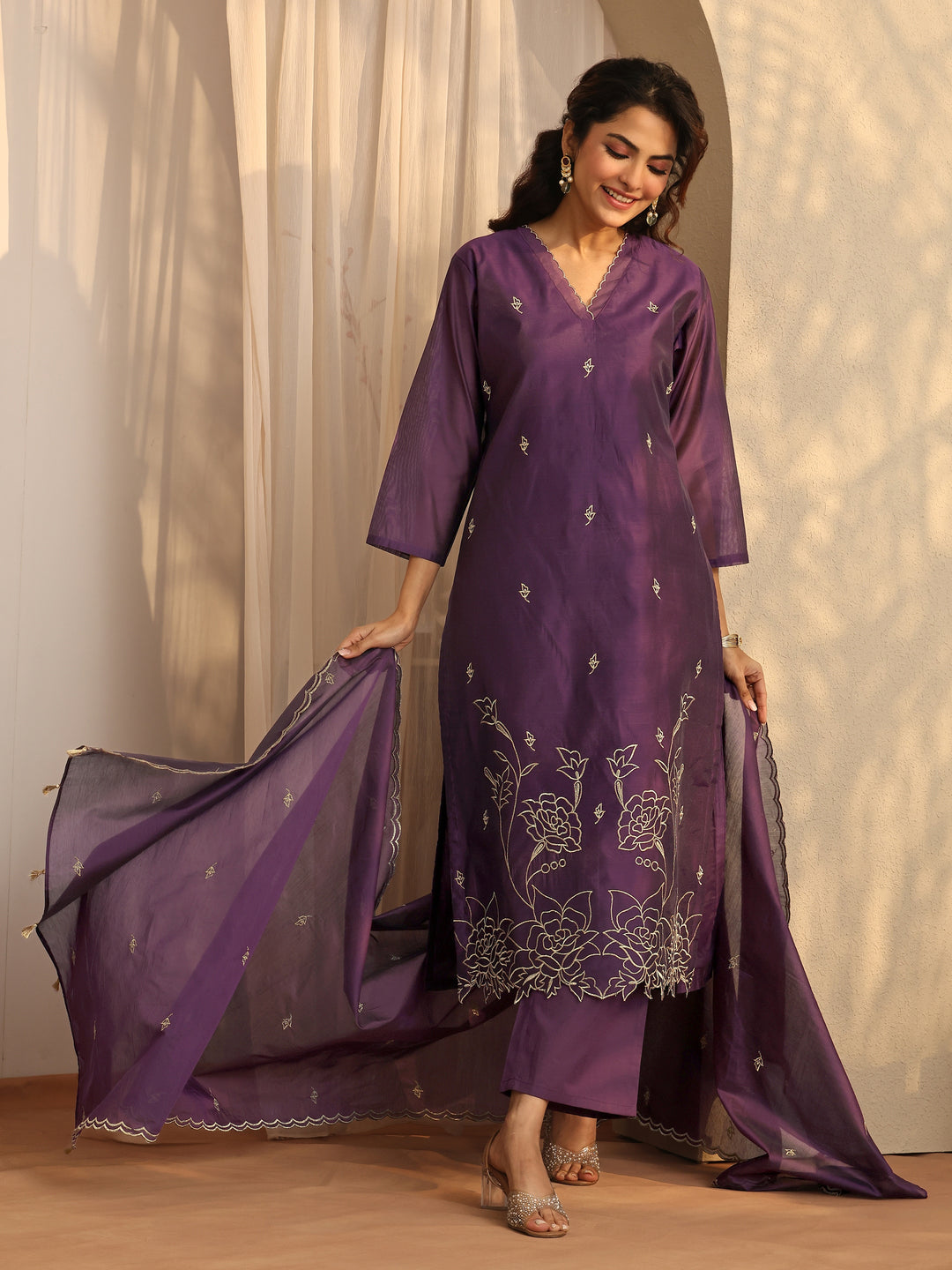  Purple Embroidered Silk Blend Straight Suit Set With Dupatta 