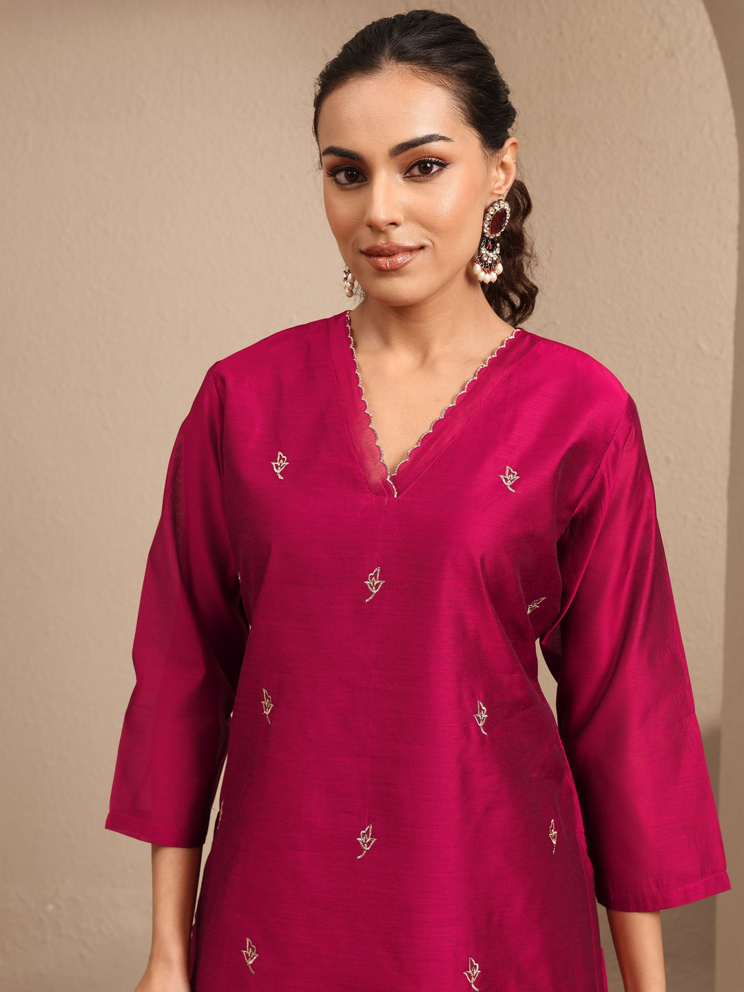  Maroon Embroidered Silk Blend Straight Suit Set With Dupatta 