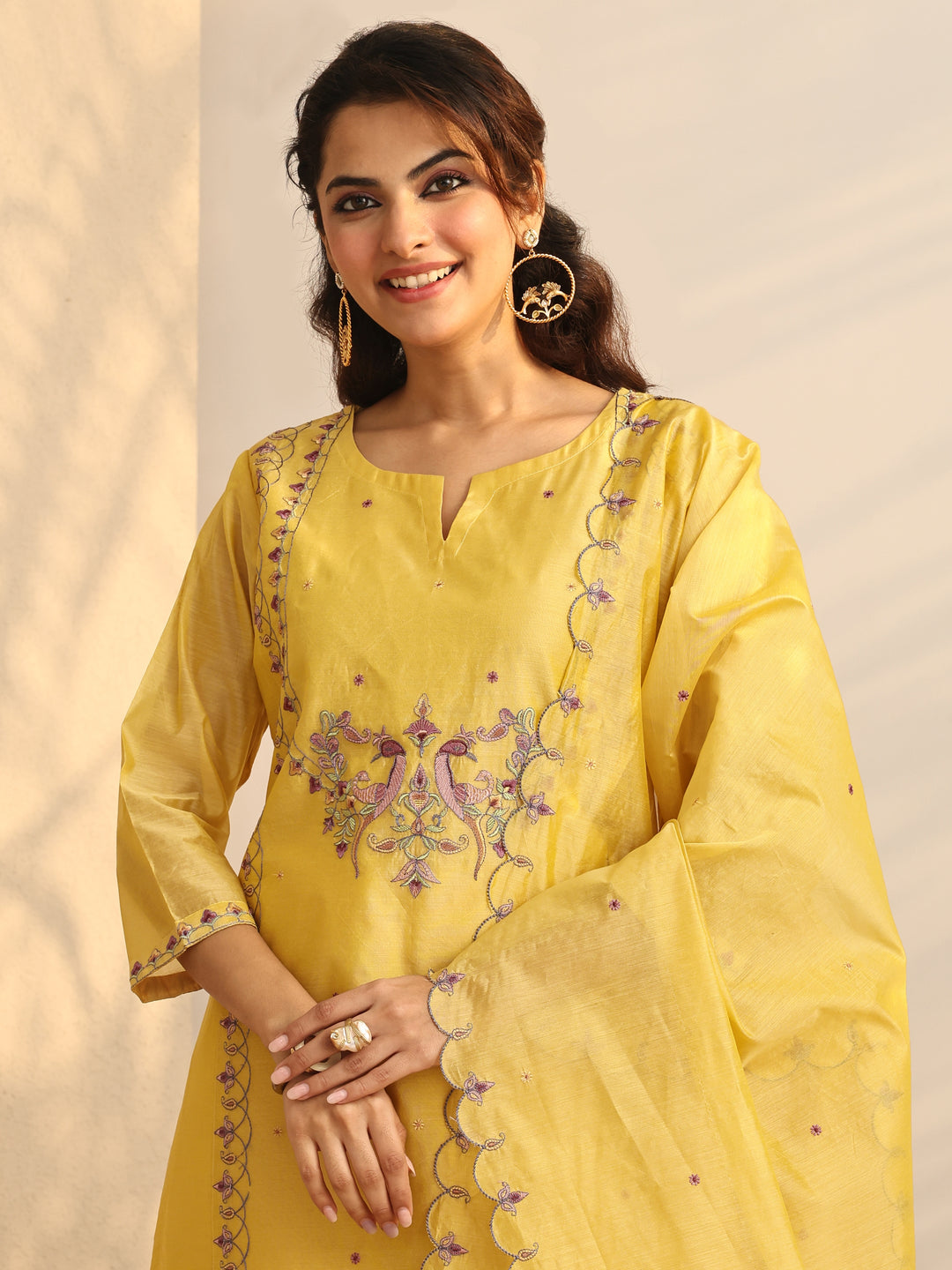  Yellow Embroidered Silk Blend Straight Suit Set With Dupatta 