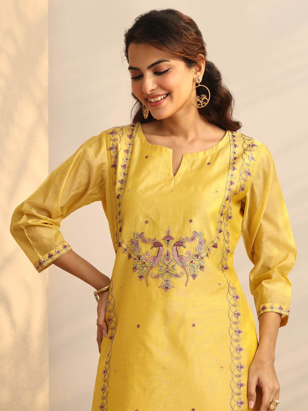  Yellow Embroidered Silk Blend Straight Suit Set With Dupatta 