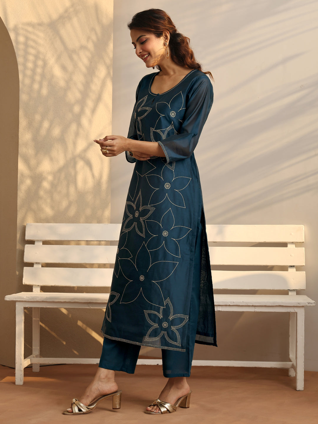  Teal Embroidered Silk Blend Straight Suit Set With Dupatta 