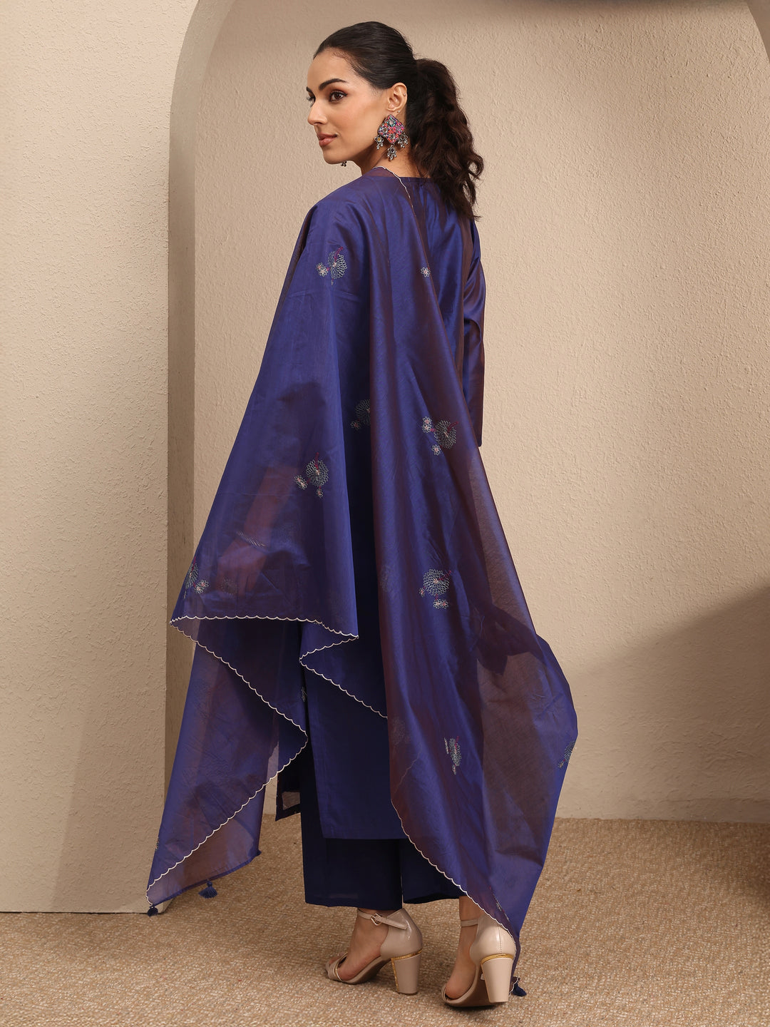  Purple Embroidered Silk Blend Straight Suit Set With Dupatta 