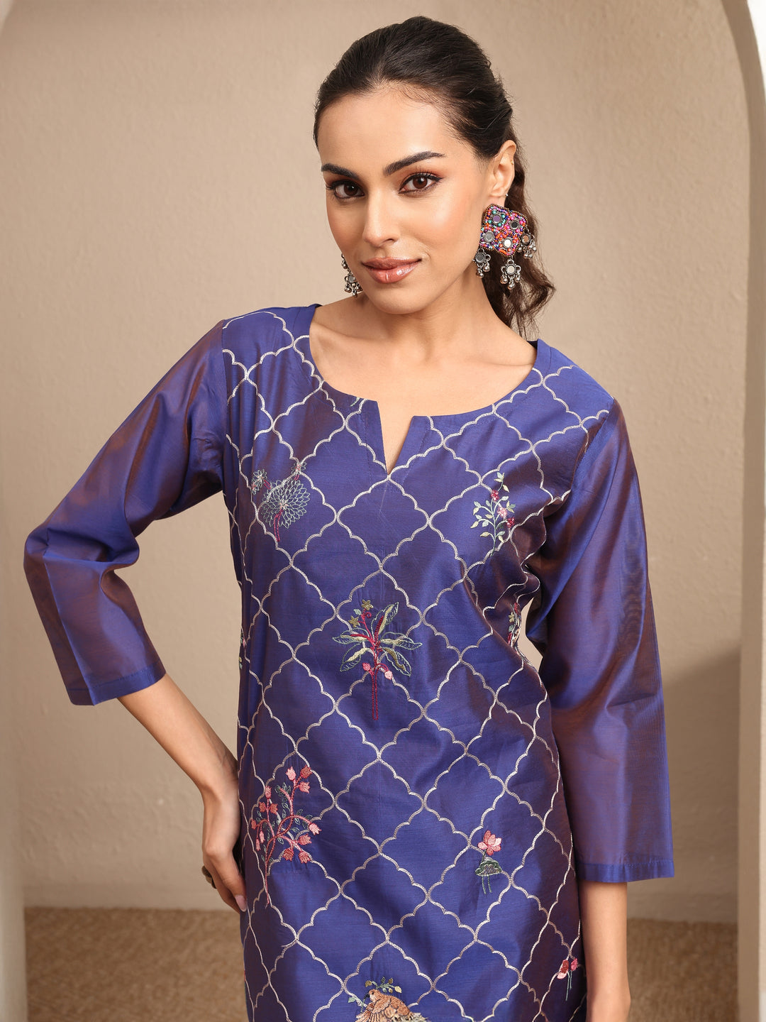  Purple Embroidered Silk Blend Straight Suit Set With Dupatta 