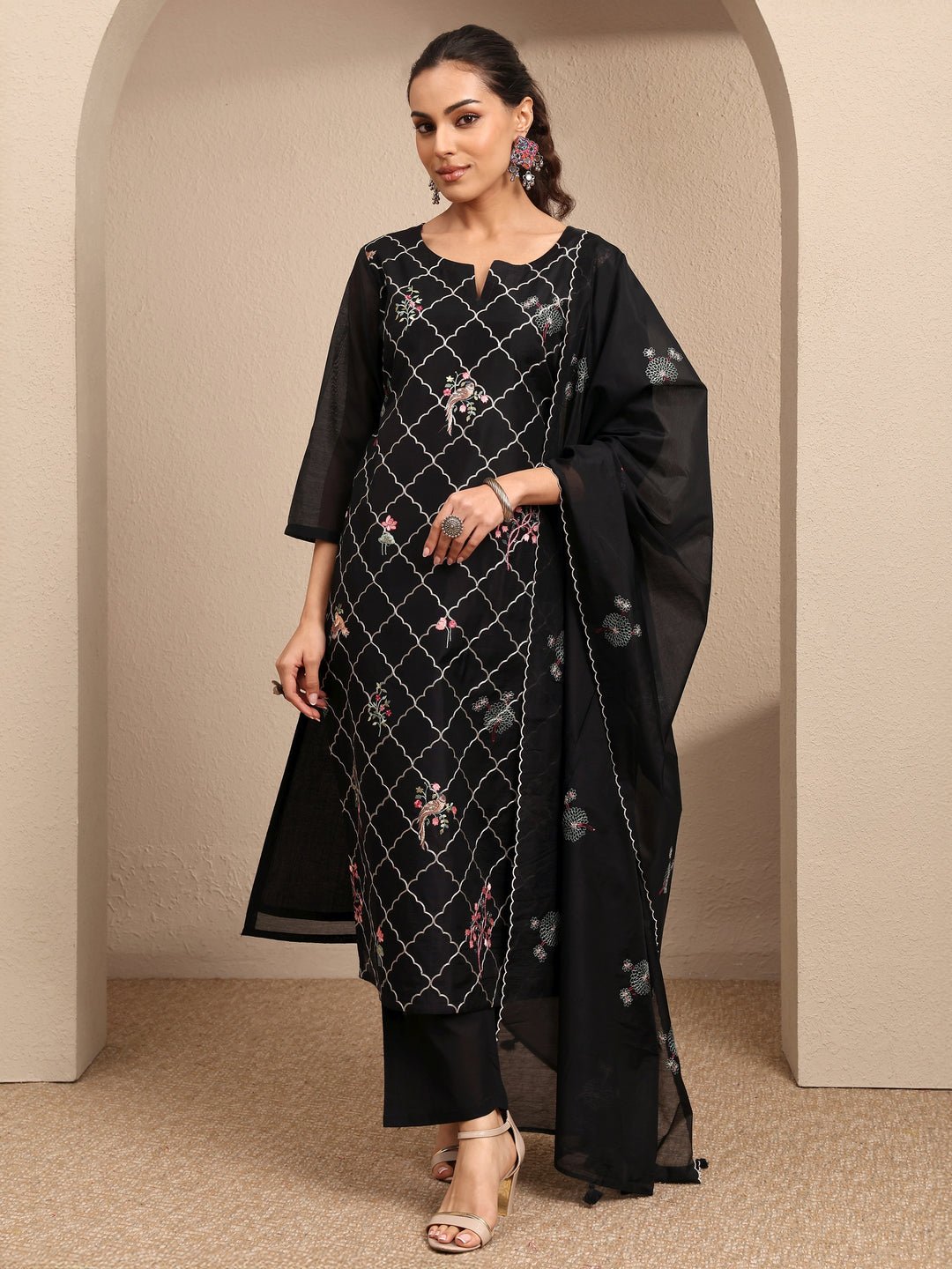 Black Embroidered Silk Blend Straight Suit Set With Dupatta 
