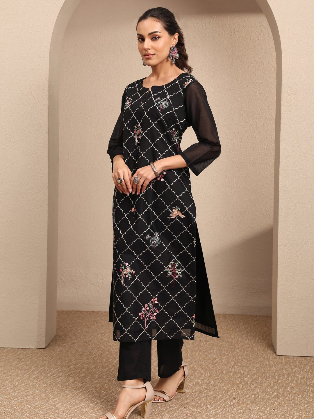  Black Embroidered Silk Blend Straight Suit Set With Dupatta 