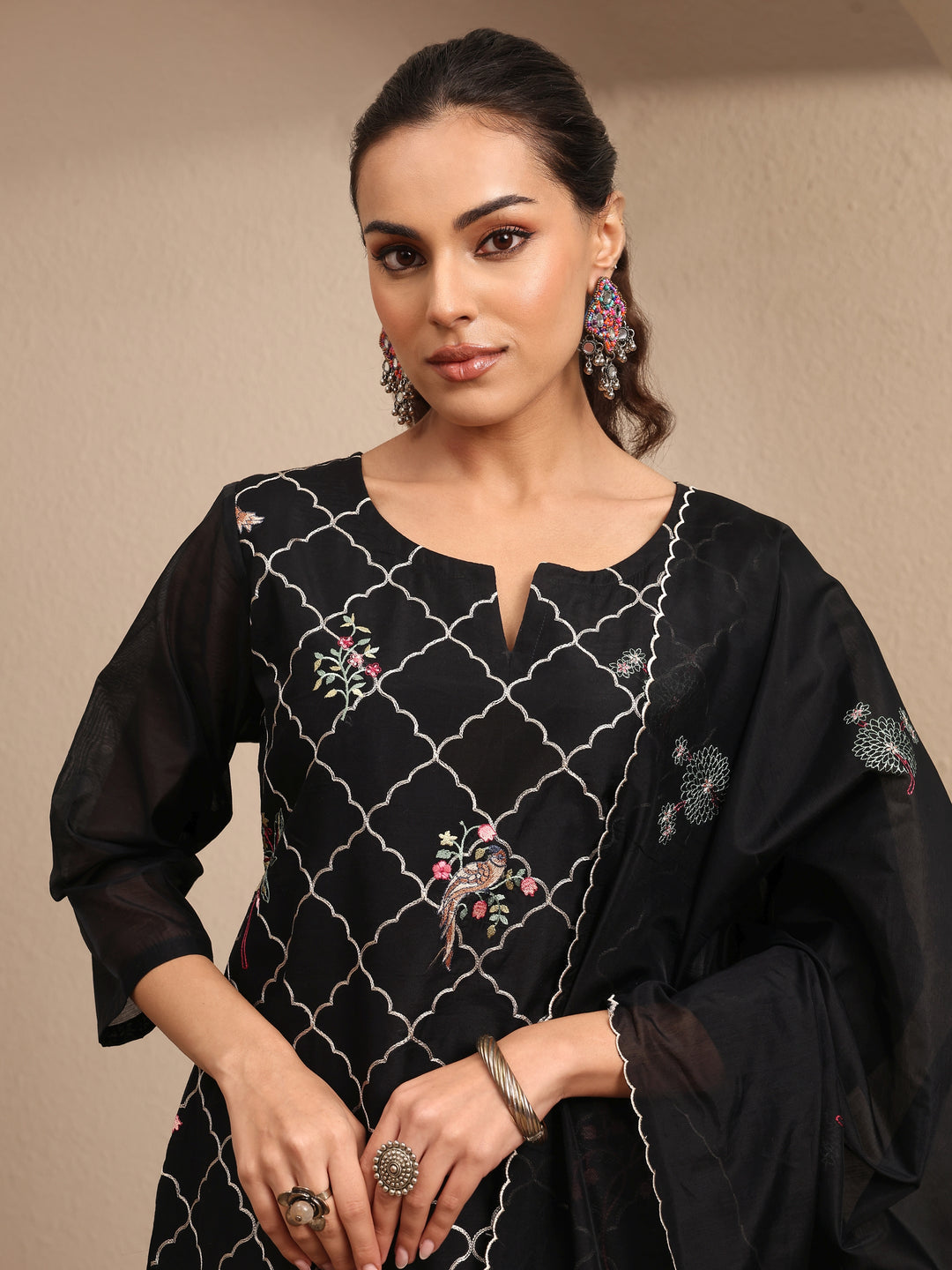  Black Embroidered Silk Blend Straight Suit Set With Dupatta 