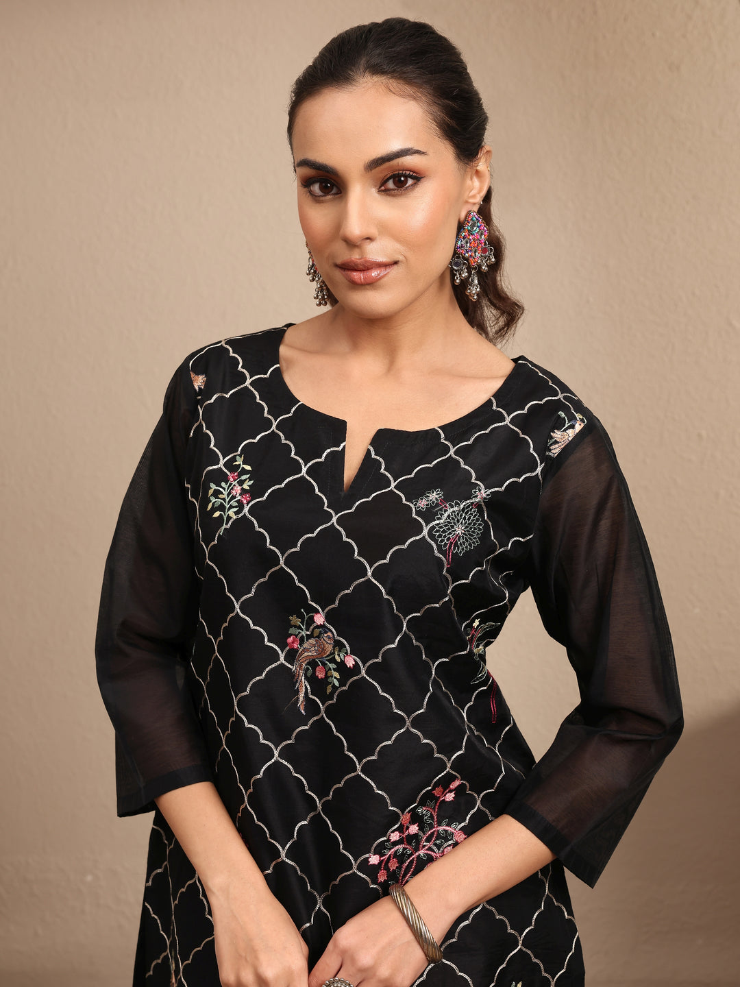  Black Embroidered Silk Blend Straight Suit Set With Dupatta 