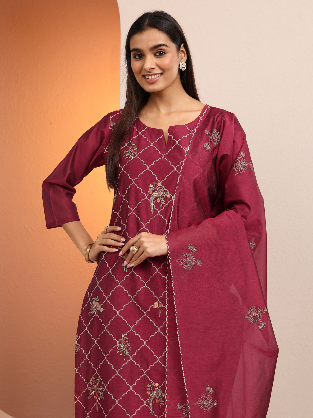  Maroon Embroidered Silk blend Straight Suit Set With Dupatta 