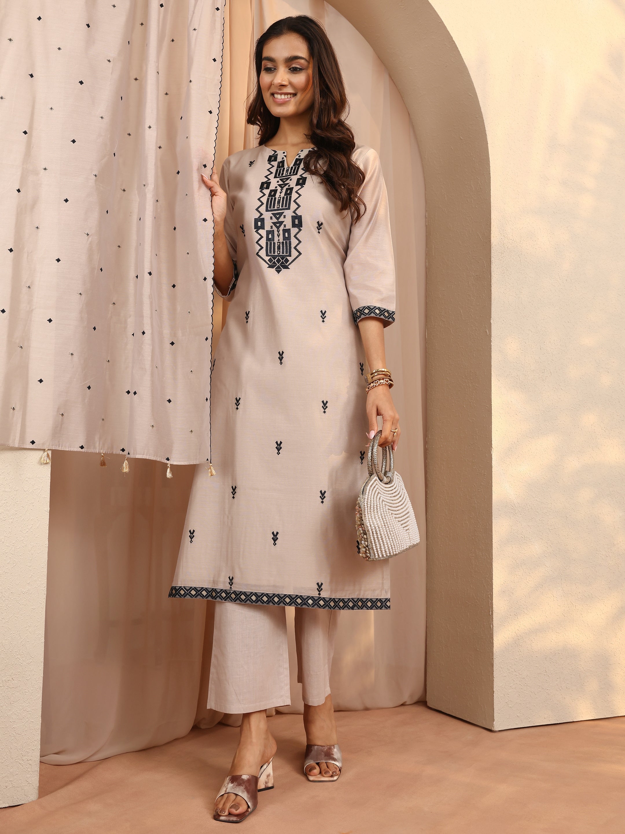 Beige Embroidered Silk Blend Straight Suit Set With Dupatta-image-45