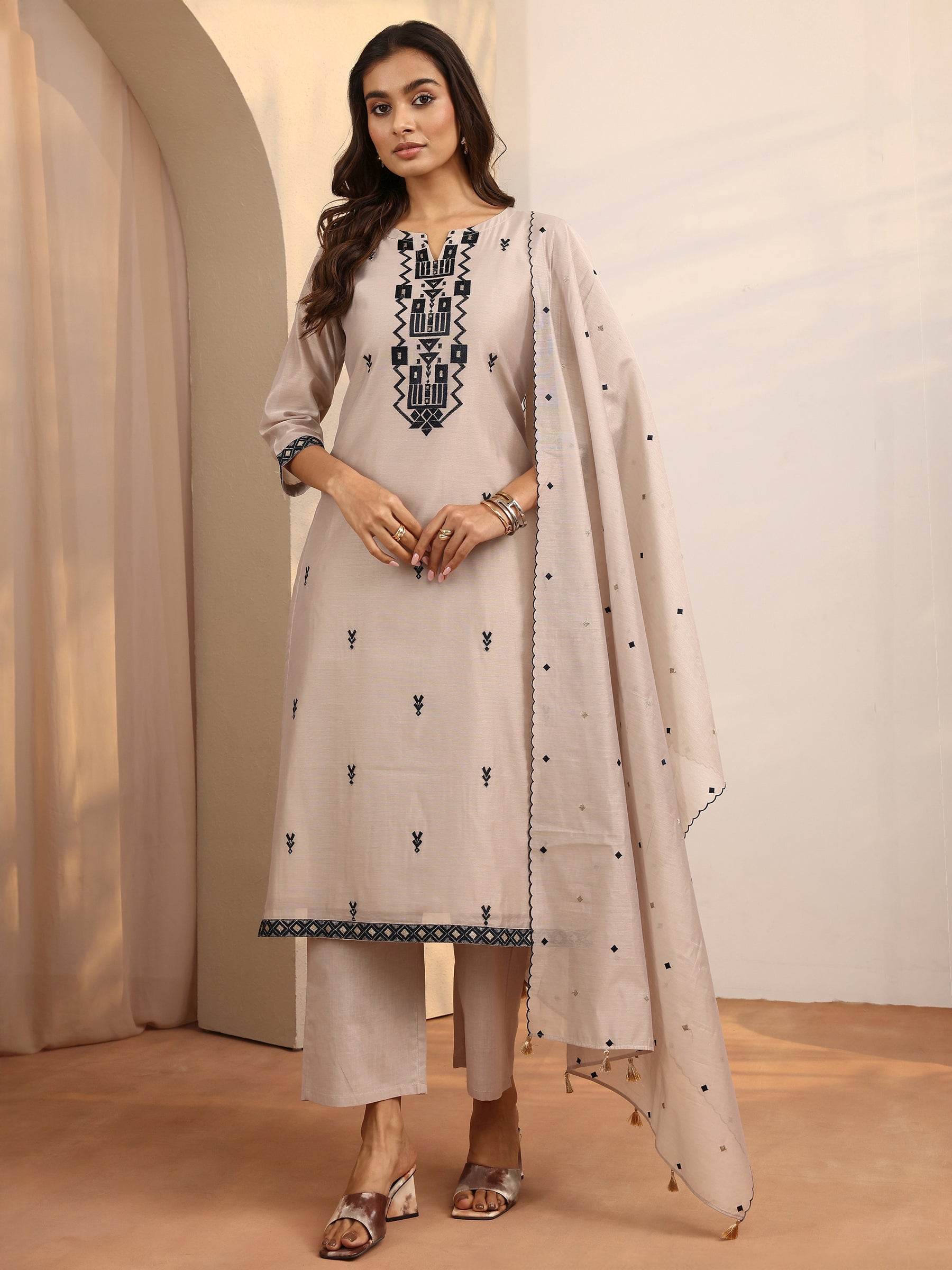 Beige Printed Silk Blend A-Line Kurti