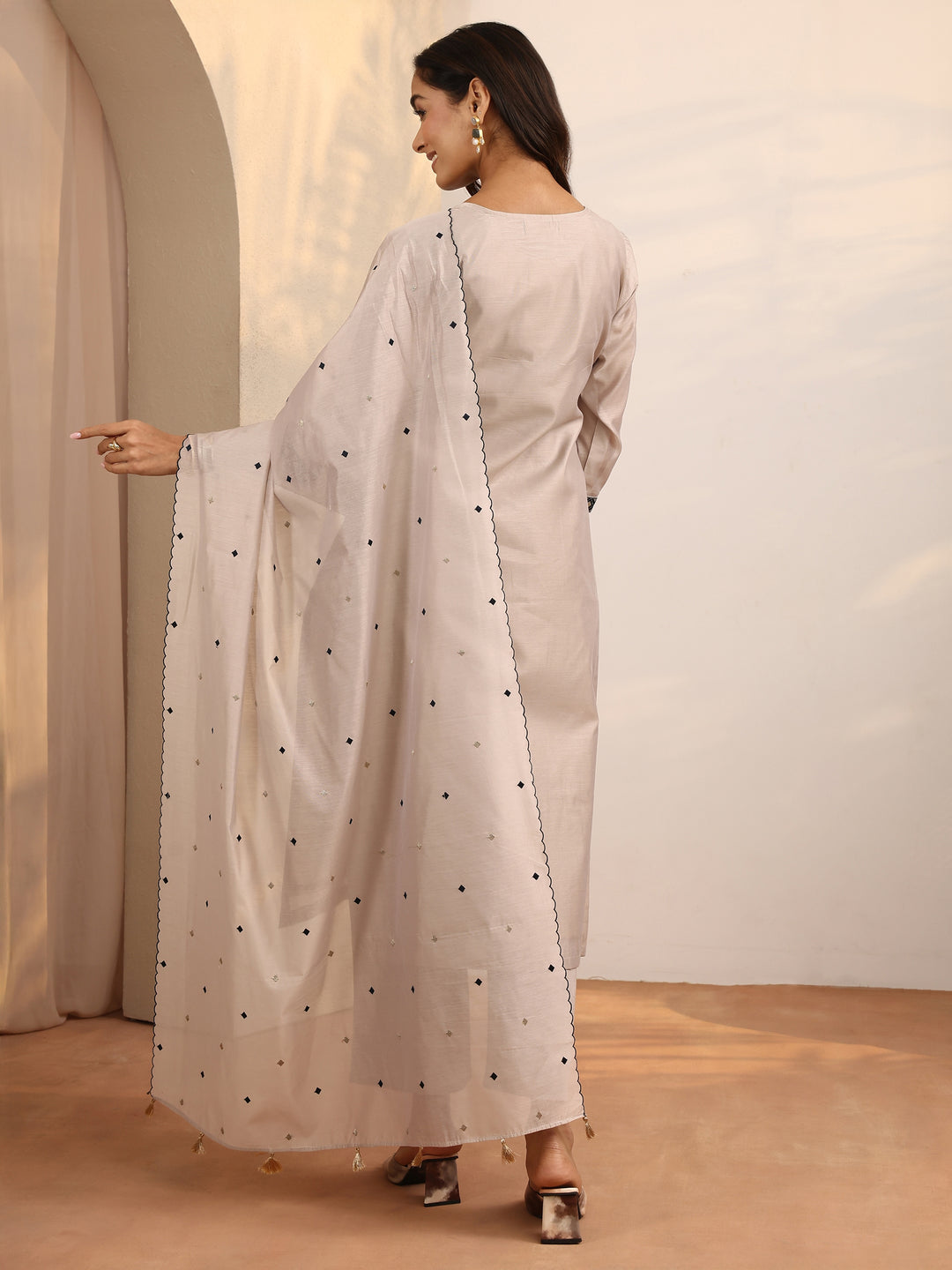  Beige Embroidered Silk Blend Straight Suit Set With Dupatta 