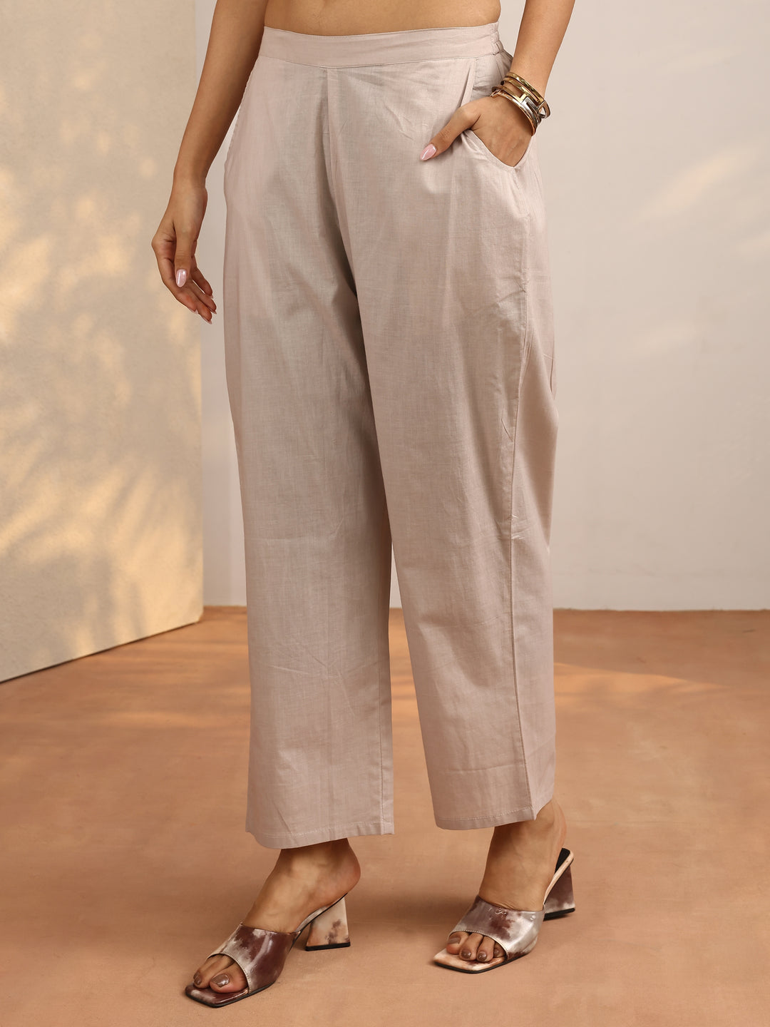  Beige Embroidered Silk Blend Straight Suit Set With Dupatta 