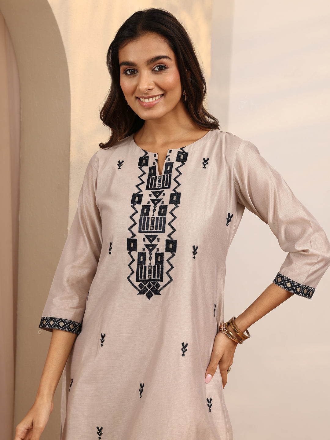  Beige Embroidered Silk Blend Straight Suit Set With Dupatta 