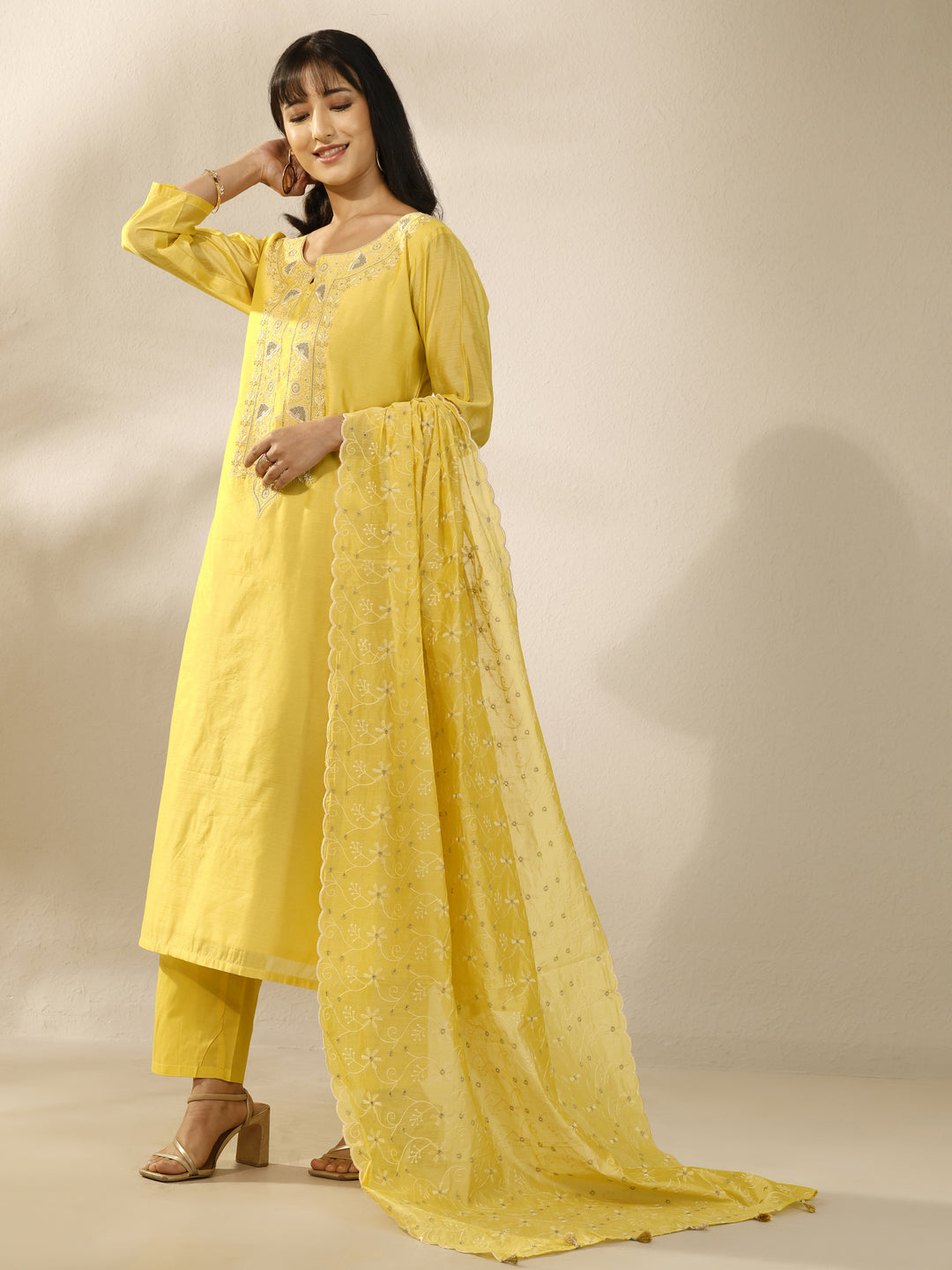  Yellow Embroidered Silk Blend Straight Suit Set With Dupatta 