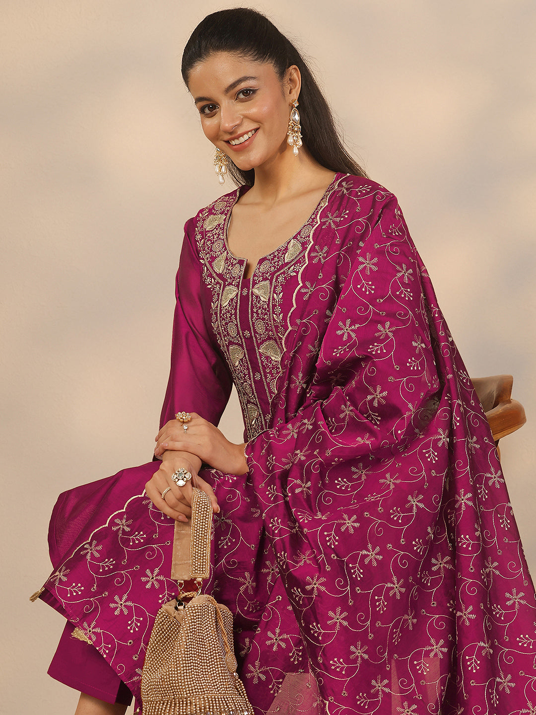 libas Magenta Embroidered Silk Blend Straight Suit Set With Dupatta-picture-23