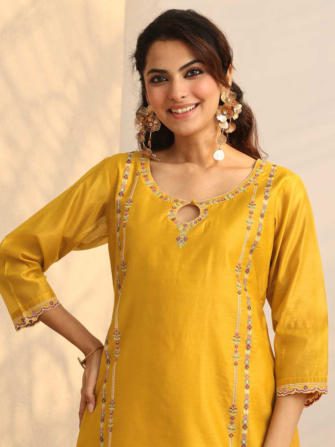  Mustard Embroidered Silk Blend Straight Suit Set With Dupatta 