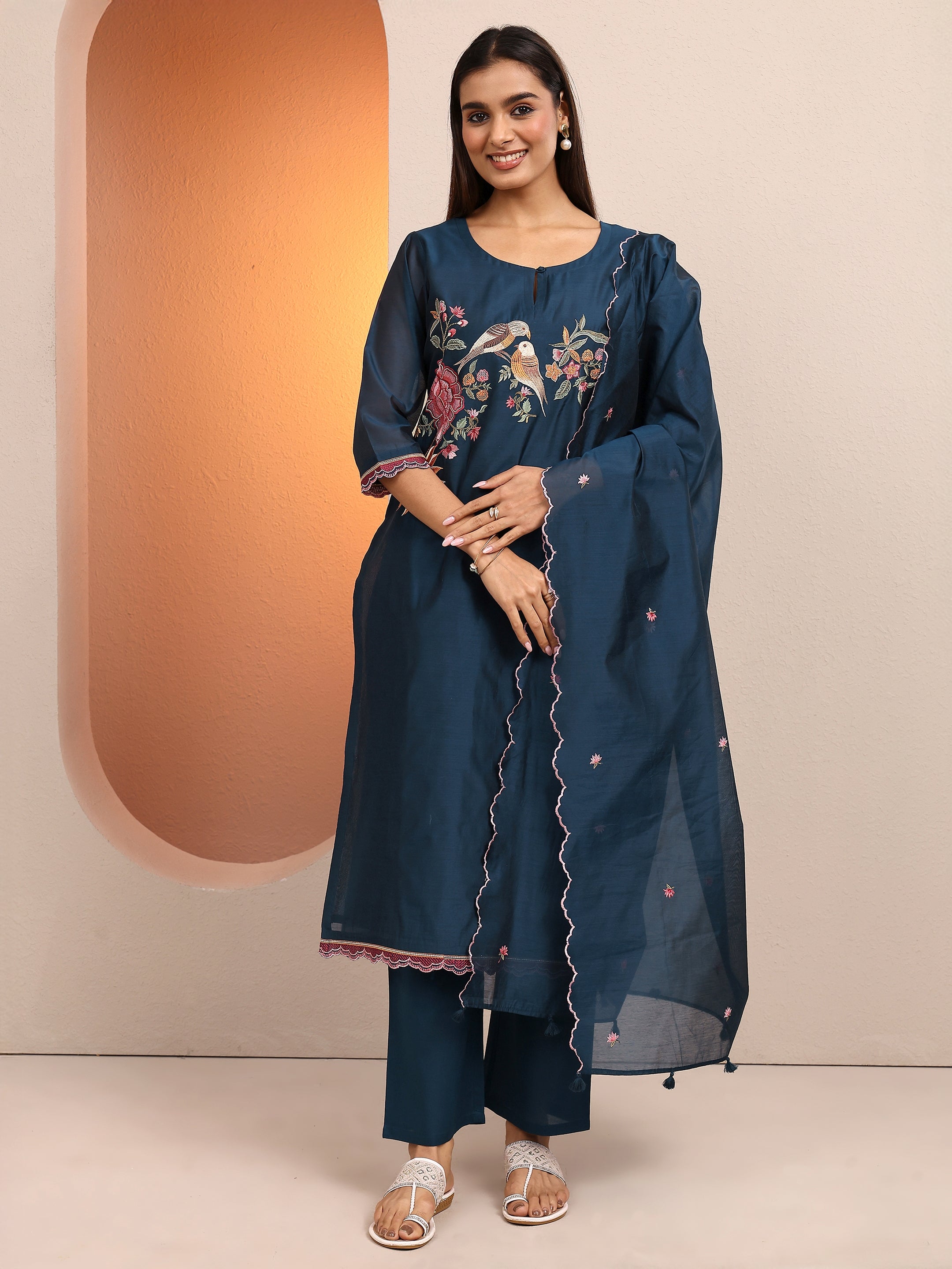 libas Teal Embroidered Silk blend Straight Suit Set With Dupatta-picture-28