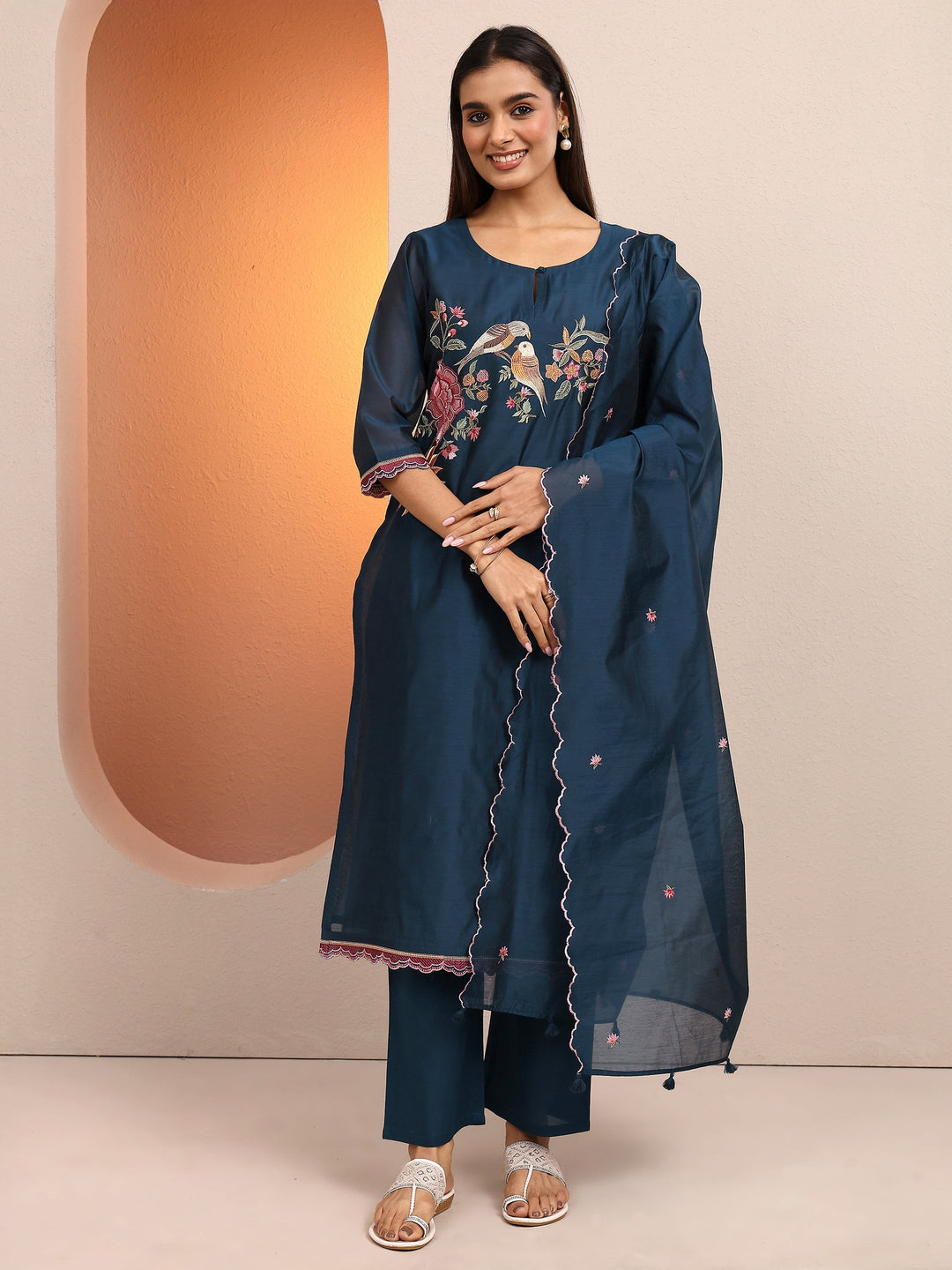 Teal Embroidered Silk blend Straight Suit Set With Dupatta