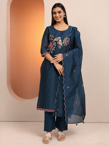 Teal Embroidered Silk blend Straight Suit Set With Dupatta
