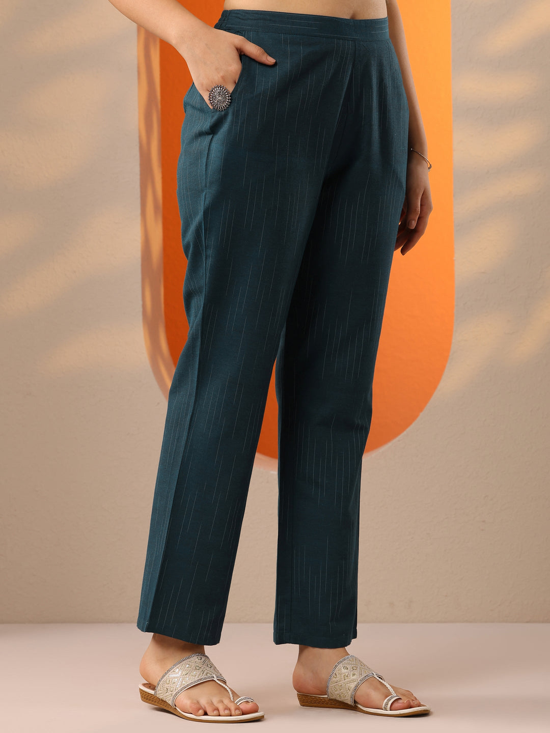  Teal Woven Design Cotton Blend Straight Suit Set With Dupatta 