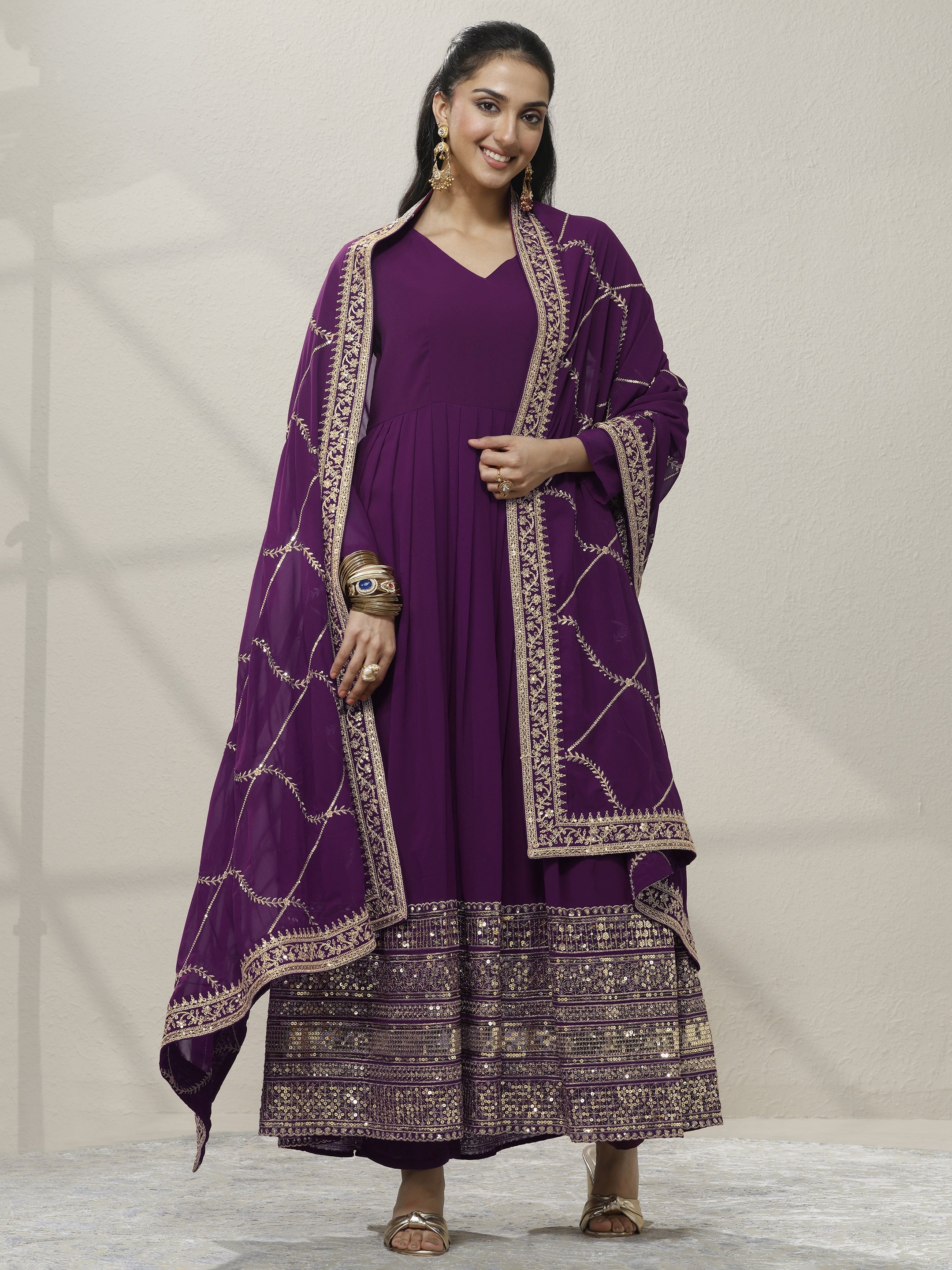 Burgundy Embellished Georgette Anarkali Suit Set With Dupatta-image-14