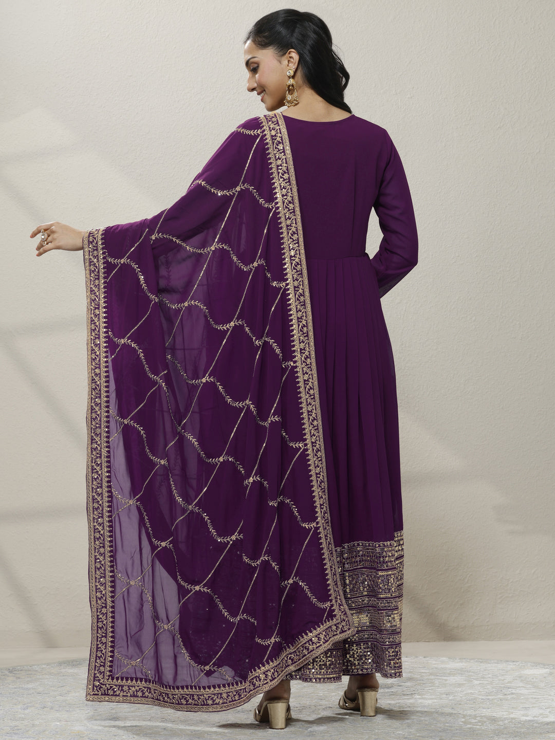  Burgundy Embellished Georgette Anarkali Suit Set With Dupatta 