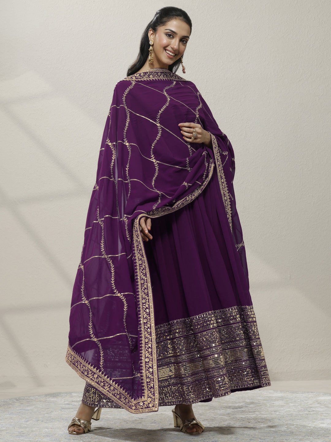  Burgundy Embellished Georgette Anarkali Suit Set With Dupatta 