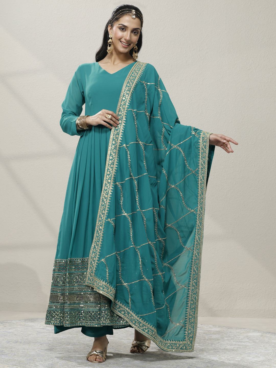  Green Embellished Georgette Anarkali Suit Set With Dupatta 