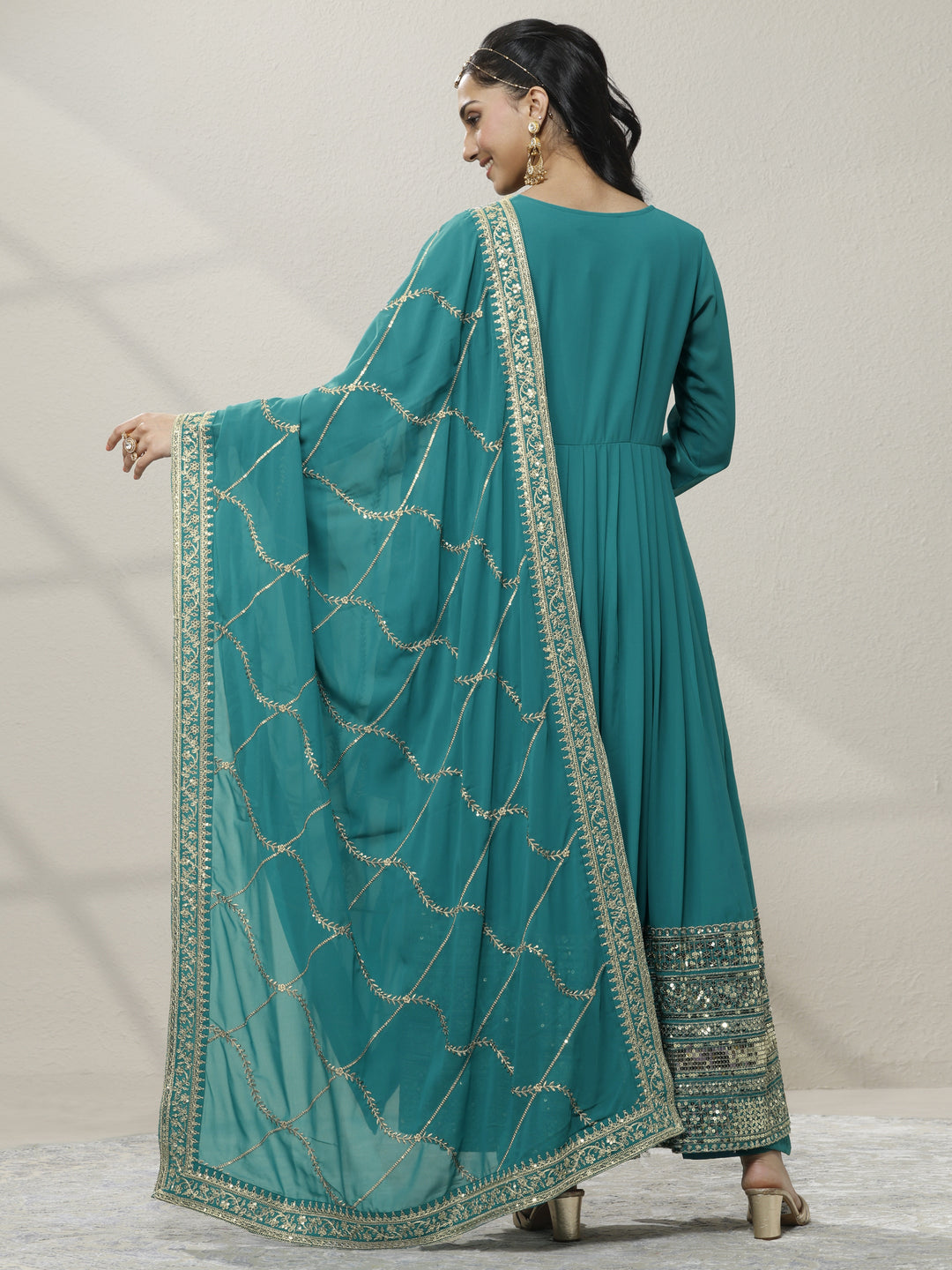  Green Embellished Georgette Anarkali Suit Set With Dupatta 