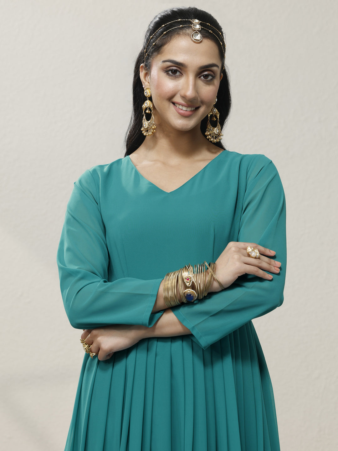  Green Embellished Georgette Anarkali Suit Set With Dupatta 