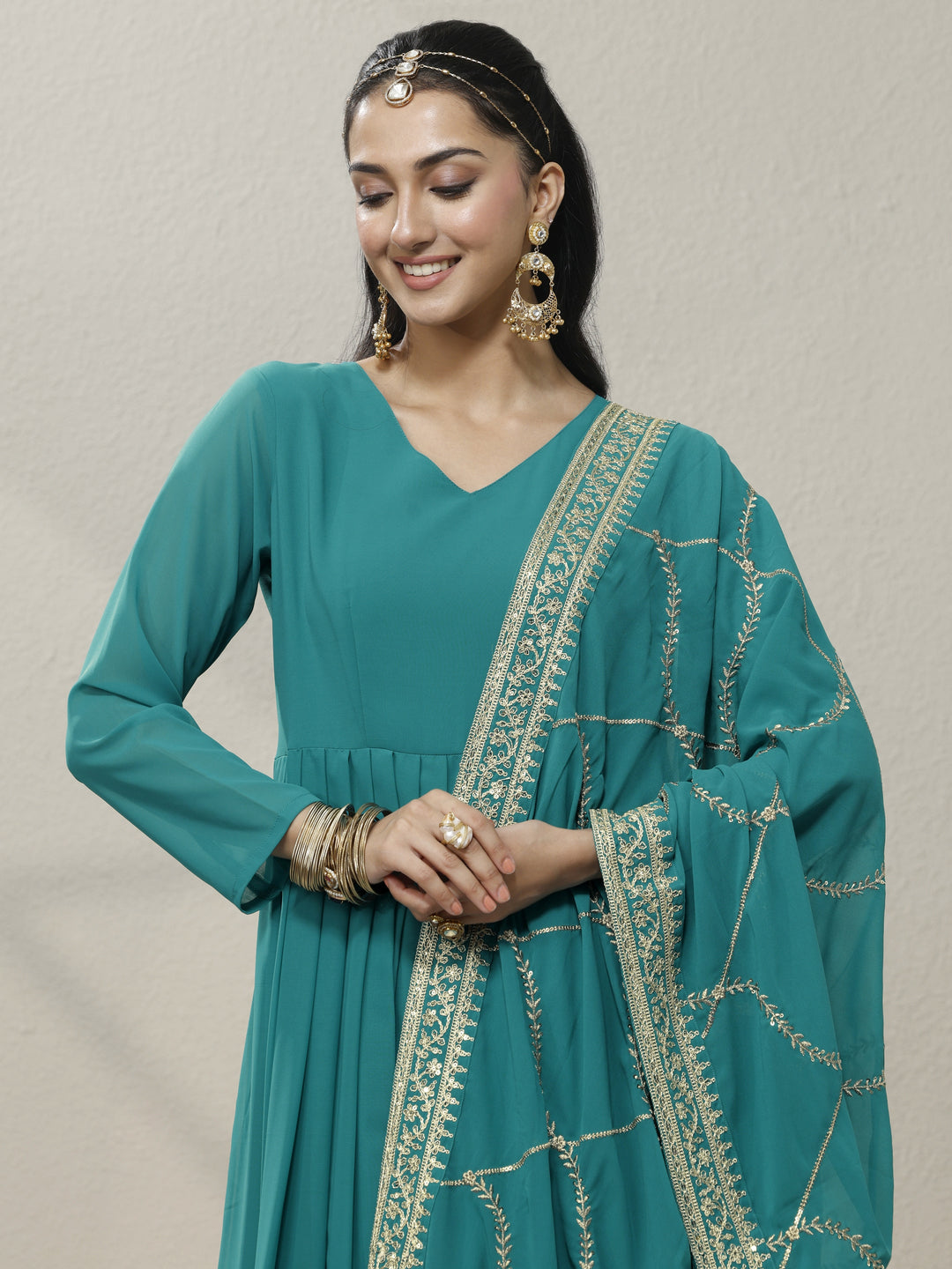  Green Embellished Georgette Anarkali Suit Set With Dupatta 