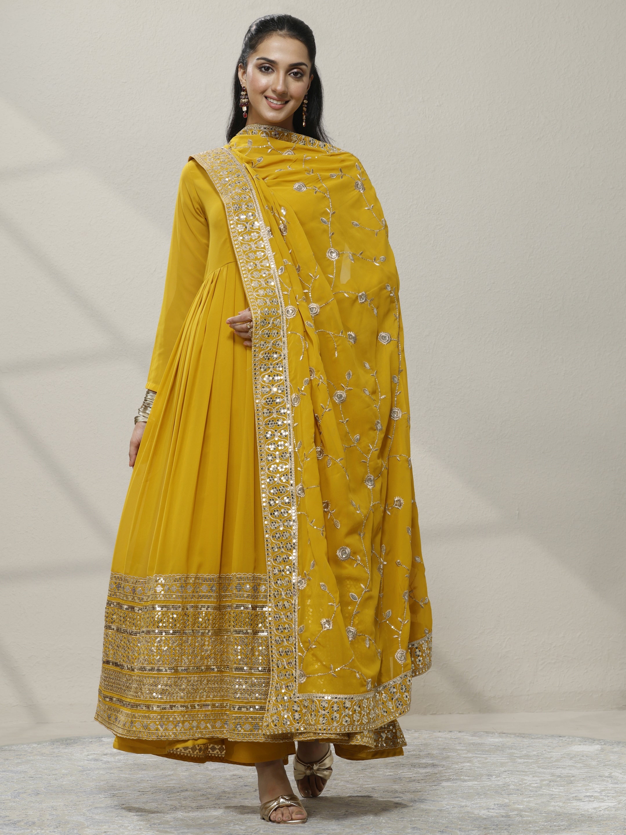 Mustard Embellished Georgette Anarkali Suit Set With Dupatta-image-3