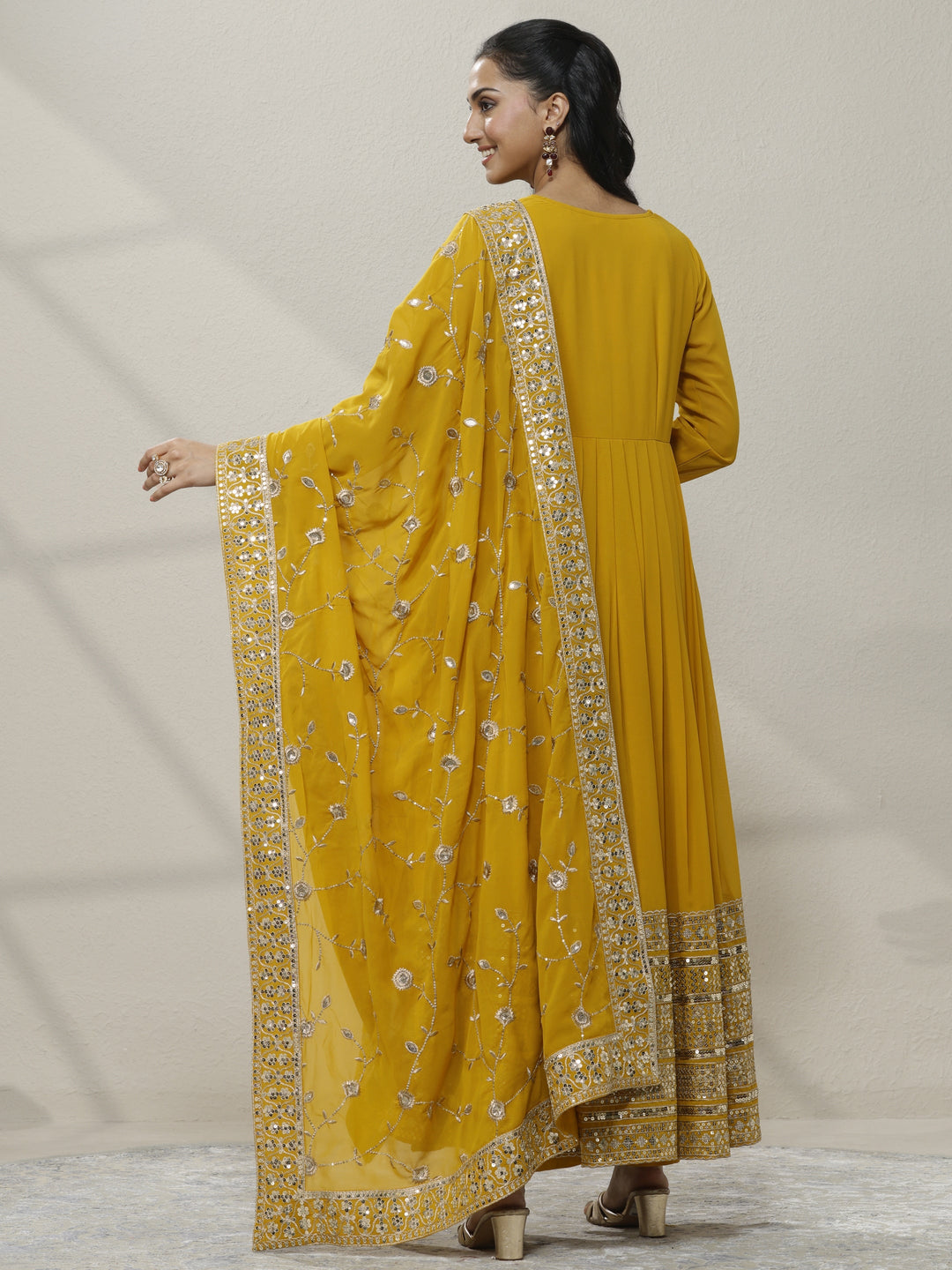  Mustard Embellished Georgette Anarkali Suit Set With Dupatta 