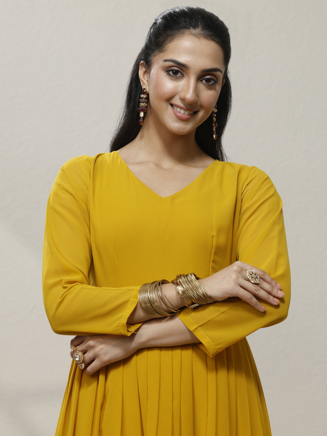  Mustard Embellished Georgette Anarkali Suit Set With Dupatta 